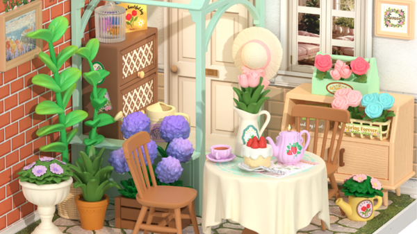 Monique stapt in een schattige theetuin, bouwpakket voor volwassenen van de Super creator-serie