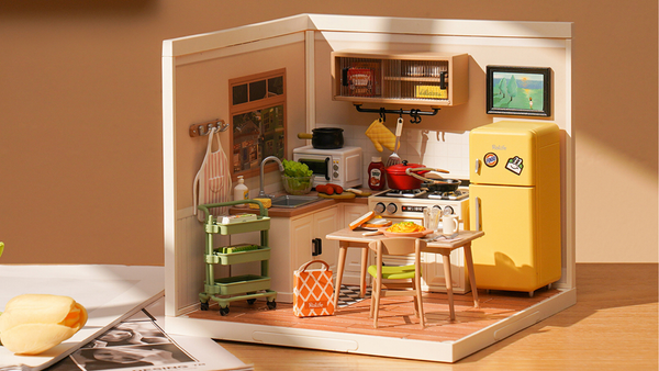 Mijn eigen retro-keuken in miniatuurvorm van Rolife met het bouwpakket Happy meals kitchen