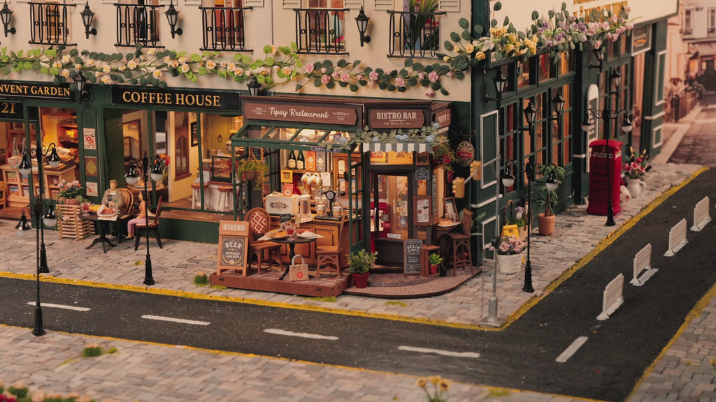 Atmospheric video presentation of the Robotime Tipsy Restaurant, cozy miniature restaurant in an old-fashioned style