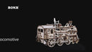 Atmospheric video presentation of the Robotime Locomotive, wooden model kit of a mechanical, moving steam locomotive