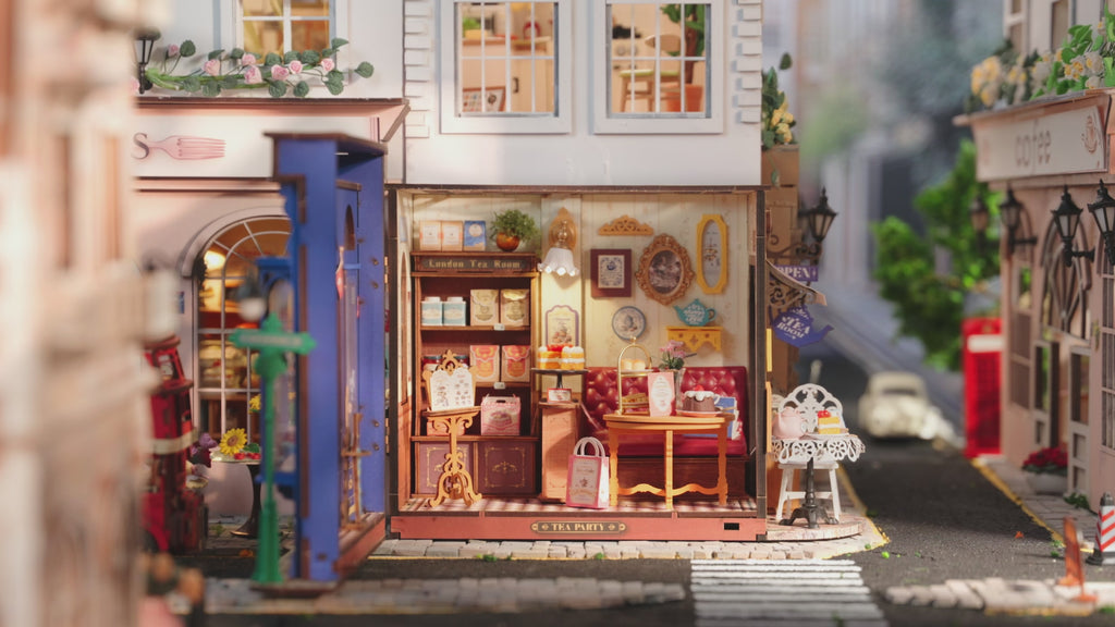 Atmospheric video presentation of the Robotime Leisure Time Tea Room, miniature house modeled after an old-fashioned tea room with a facade that opens