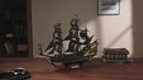 Atmospheric video presentation of the Robotime Seahorse Barque, black wooden sailing ship with golden details 