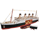 Product photo of the Robotime 1912 - Eternal Atlantic Voyager, wooden model of a vintage steamship with a cutout in the hull revealing a retro interior