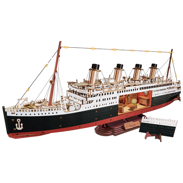 Product photo of the Robotime 1912 - Eternal Atlantic Voyager, wooden model of a vintage steamship with a cutout in the hull revealing a retro interior