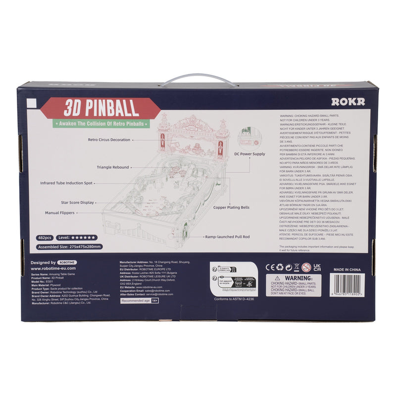 Back of package of the Robotime 3D Pinball Machine, wooden construction kit for a functional pinball machine with light, sound, and working scoring system