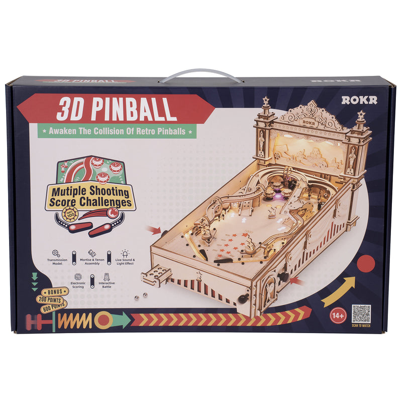 Front of package of the Robotime 3D Pinball Machine, wooden construction kit for a functional pinball machine with light, sound, and working scoring system