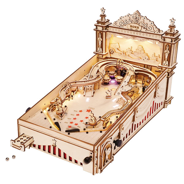 Product photo of the Robotime 3D Pinball Machine, wooden construction kit for a functional pinball machine with light, sound, and working scoring system