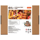Back of package of the Robotime A-Frame Cabin, miniature vacation home in wintery Austrian style