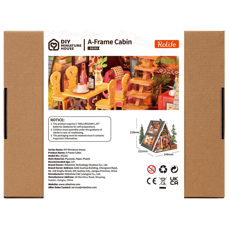 Back of package of the Robotime A-Frame Cabin, miniature vacation home in wintery Austrian style