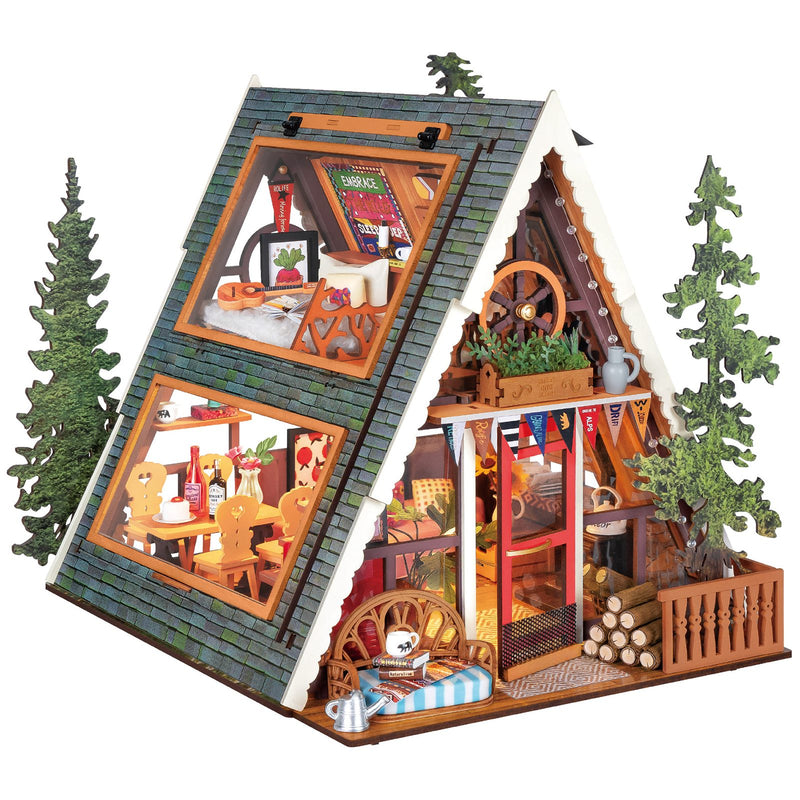 Product photo of the Robotime A-Frame Cabin, miniature vacation home in wintery Austrian style