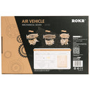 Back of package of the Robotime Air Vehicle, wooden model kit of a mechanical, moving steampunk zeppelin