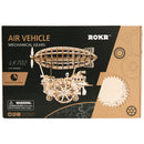 Front of package of the Robotime Air Vehicle, wooden model kit of a mechanical, moving steampunk zeppelin