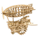 Product photo of the Robotime Air Vehicle, wooden model kit of a mechanical, moving steampunk zeppelin