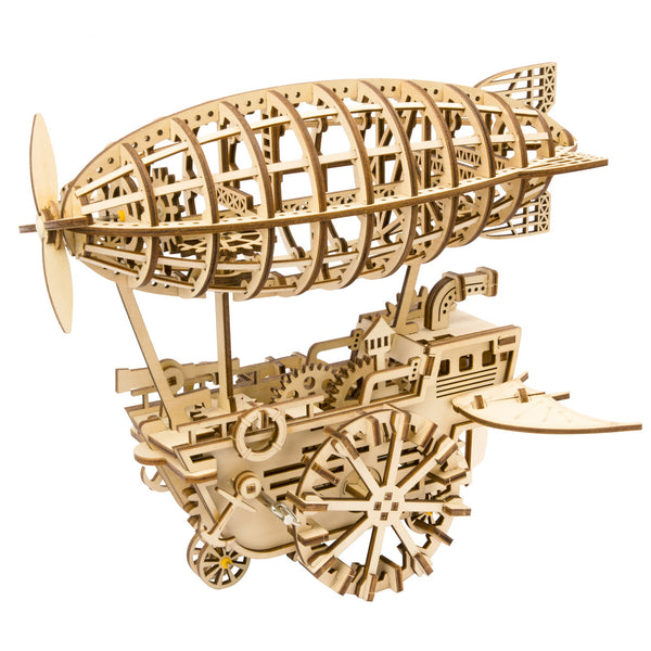 Product photo of the Robotime Air Vehicle, wooden model kit of a mechanical, moving steampunk zeppelin