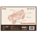 Back of package of the Robotime Army Field Car, wooden model kit of a famous World War II army jeep