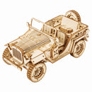 Product photo of the Robotime Army Field Car, wooden model kit of a famous World War II army jeep