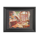 The Robotime Black Vintage Puzzle Frame containng the Robotime Cozy Winter Café jigsaw puzzle