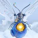 Front view of the blue butterfly on the blue flower of the Robotime Butterfly (Blue)