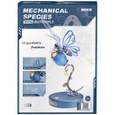 Front of package of the Robotime Butterfly (Blue), electric construction kit of a blue butterfly that can flap its wings, on a blue flower