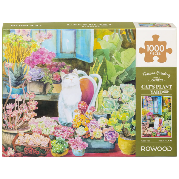 Front of package of the Robotime Cat’s Plant Yard, 1,000-piece jigsaw puzzle of a cat in a garden full of plants and flowers