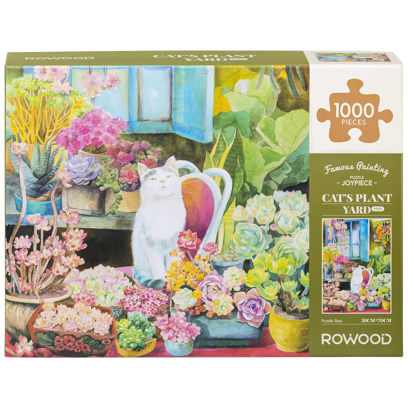 Front of package of the Robotime Cat’s Plant Yard, 1,000-piece jigsaw puzzle of a cat in a garden full of plants and flowers