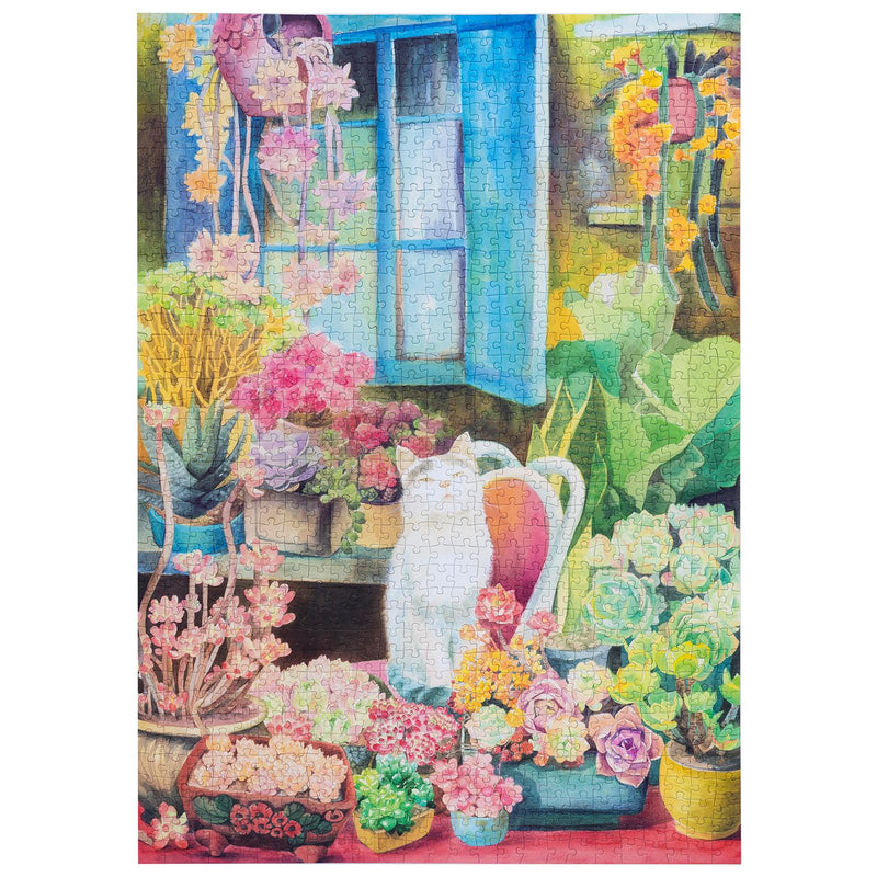 Product photo of the Robotime Cat’s Plant Yard, 1,000-piece jigsaw puzzle of a cat in a garden full of plants and flowers