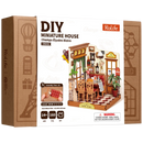 Front of package of the Robotime Champs-Élysées Bistro, miniature house depicting a romantic bistro in Paris