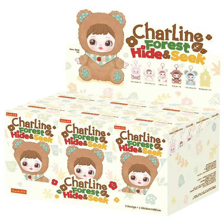 Display with six packages of the Robotime Charline Forest Hide & Seek Plush Pendant blind box series