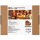 Back of package of the Robotime Cheers Bar & Dining, miniature house of an old-fashioned cozy bar