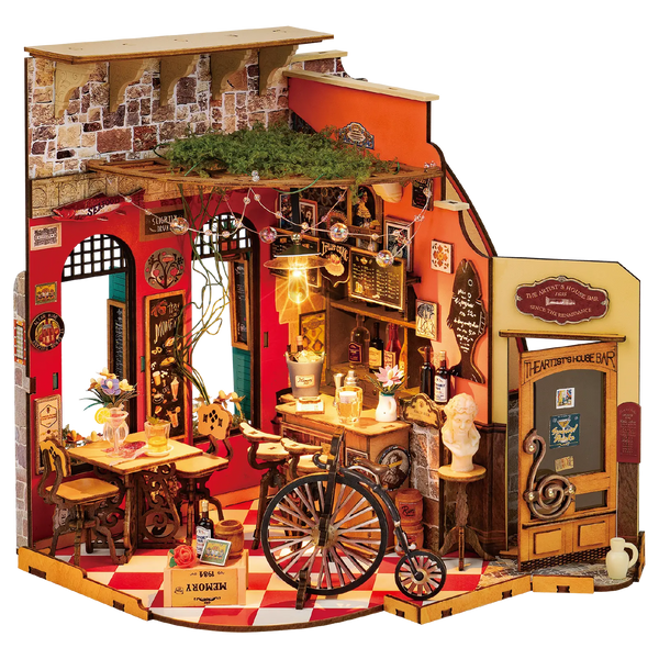Product photo of the Robotime Cheers Bar & Dining, miniature house of an old-fashioned cozy bar