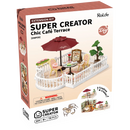 Front of package of the Robotime Chic Café Terrace, plastic miniature roof terrace for the Super Creator series