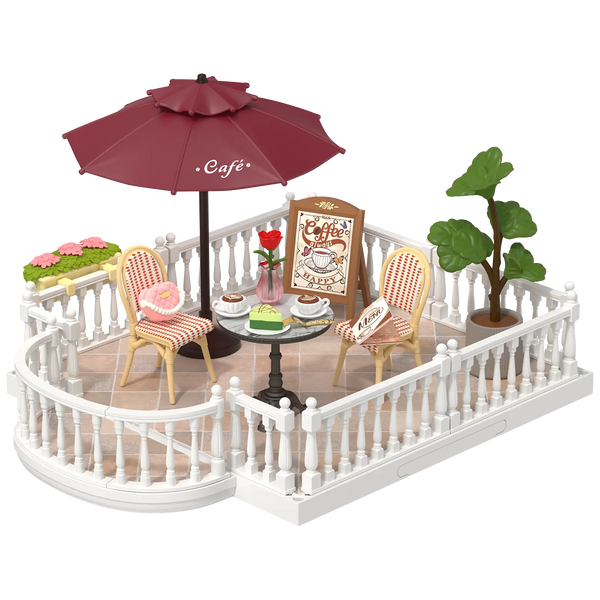 Product photo of the Robotime Chic Café Terrace, plastic miniature roof terrace for the Super Creator series