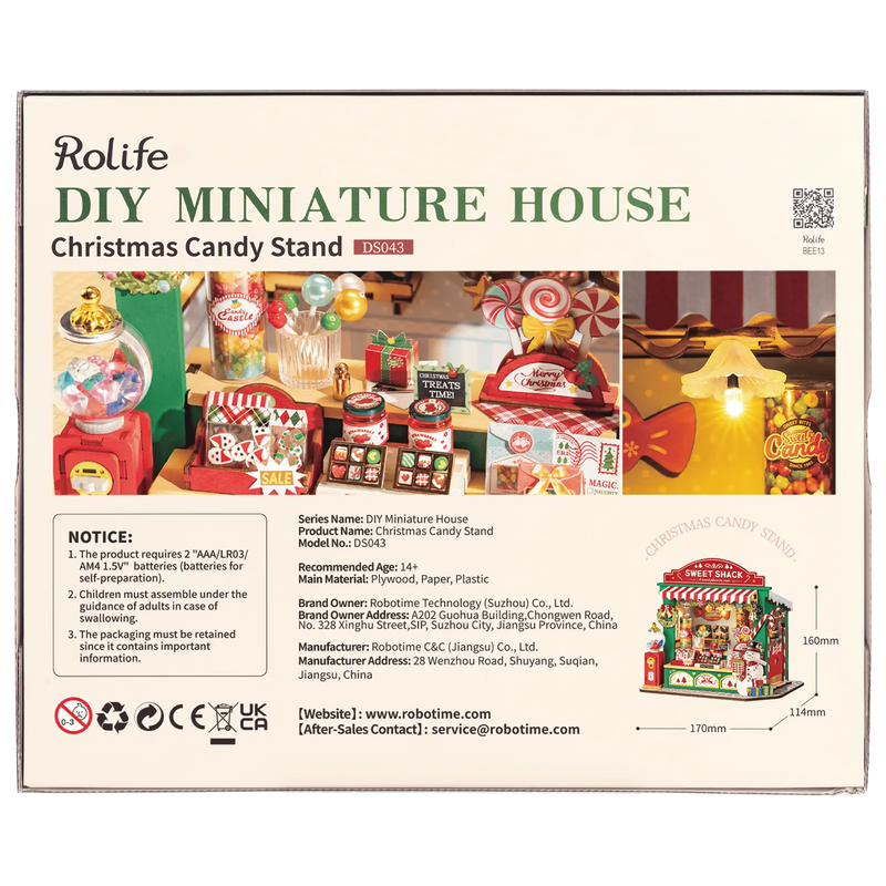 Back of package of the Robotime Christmas Candy Stand, construction set for a miniature candy stand with a Christmas theme