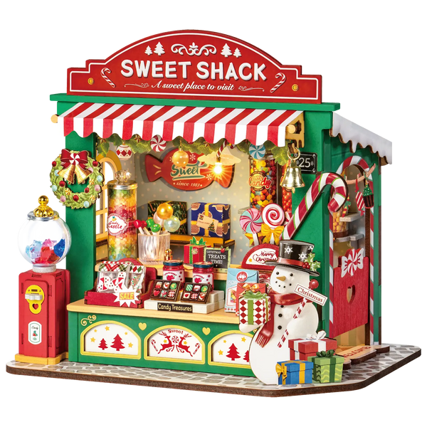 Product photo of the Robotime Christmas Candy Stand, construction set for a miniature candy stand with a Christmas theme