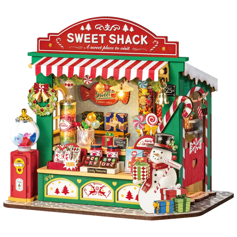 Product photo of the Robotime Christmas Candy Stand, construction set for a miniature candy stand with a Christmas theme