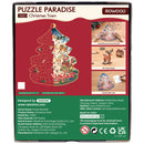 Back of package of the Robotime Christmas Town, Christmas tree-shaped puzzle with pieces of unusual shape, depicting a town in Christmas spirit