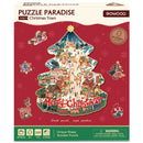 Front of package of the Robotime Christmas Town, Christmas tree-shaped puzzle with pieces of unusual shape, depicting a town in Christmas spirit