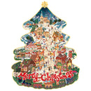 Product photo of the Robotime Christmas Town, Christmas tree-shaped puzzle with pieces of unusual shape, depicting a town in Christmas spirit