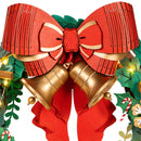 Close-up of the big red bow with Christmas bells of the Robotime Christmas Wreath