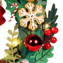 Details of a Christmas bauble, snowflake, and holly berries from the Robotime Christmas Wreath