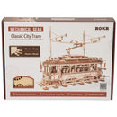 Front of package of the Robotime Classic City Tram, wooden model kit of a mechanical, moving Portuguese tram