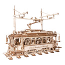 Product photo of the Robotime Classic City Tram, wooden model kit of a mechanical, moving Portuguese tram