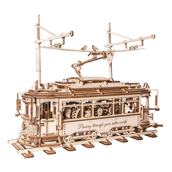 Product photo of the Robotime Classic City Tram, wooden model kit of a mechanical, moving Portuguese tram