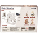 Back of package of the Robotime Classic Printing Press, wooden construction set of a functioning printing press