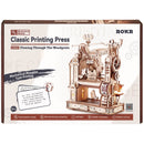 Front of package of the Robotime Classic Printing Press, wooden construction set of a functioning printing press