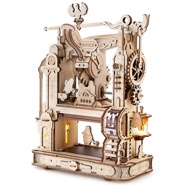 Product photo of the Robotime Classic Printing Press, wooden construction set of a functioning printing press
