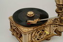 Detail of the Robotime Classical Gramophone, wooden model kit of a functional gramophone