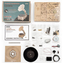 Package contents of the Robotime Classical Gramophone, wooden model kit of a functional gramophone