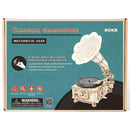 Front of package of the Robotime Classical Gramophone, wooden model kit of a functional gramophone