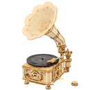 Product photo of the Robotime Classical Gramophone, wooden model kit of a functional gramophone